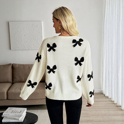 Off-White Bow Pattern Cardigan with Tie Front