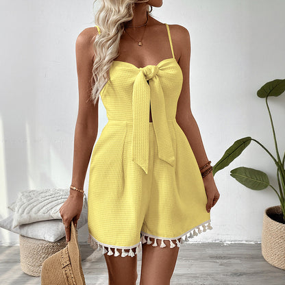 Waffle Romper with Front Bowknot and Tassel Hem