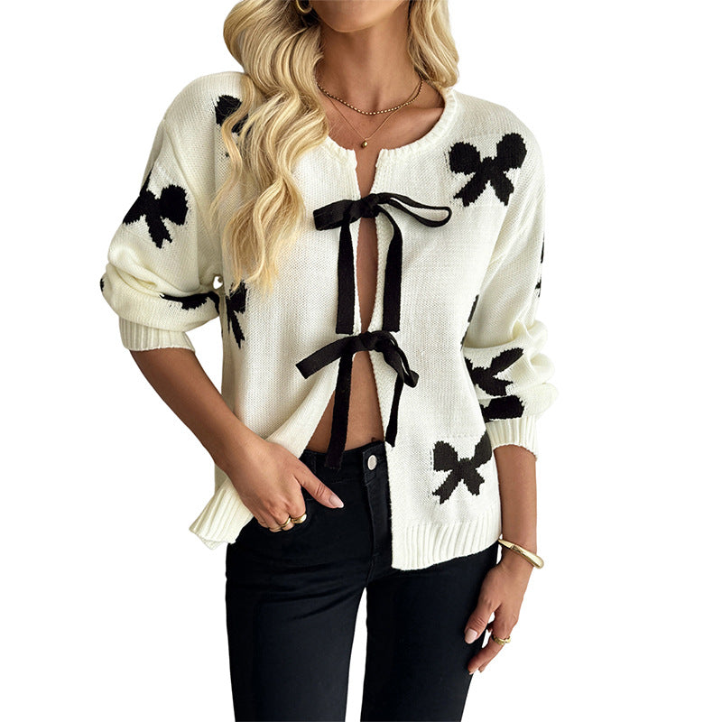 Off-White Bow Pattern Cardigan with Tie Front