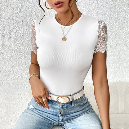 Bodycon Ribbed Bodysuit with Lace Short Sleeves
