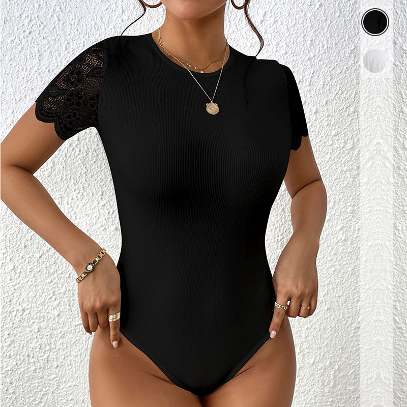 Bodycon Ribbed Bodysuit with Lace Short Sleeves