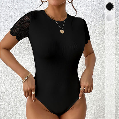Bodycon Ribbed Bodysuit with Lace Short Sleeves