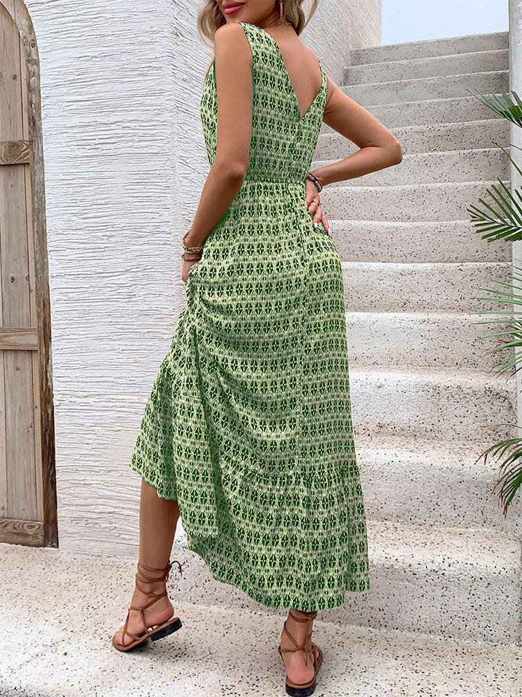 Geometric Print Midi Dress with V-Neck and Tie Waist