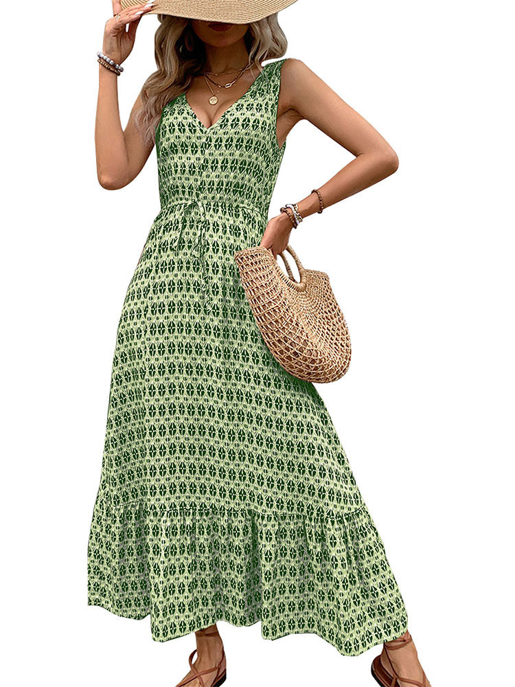 Geometric Print Midi Dress with V-Neck and Tie Waist