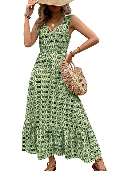 Geometric Print Midi Dress with V-Neck and Tie Waist