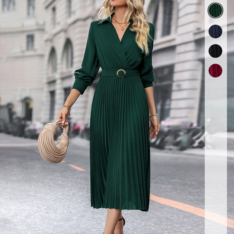 Solid Wrap Midi Dress with Lapel V-Neck and Pleated Skirt
