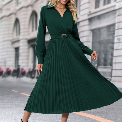 Solid Wrap Midi Dress with Lapel V-Neck and Pleated Skirt
