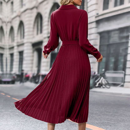 Solid Wrap Midi Dress with Lapel V-Neck and Pleated Skirt