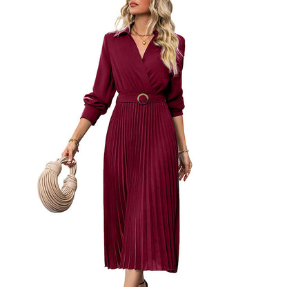 Solid Wrap Midi Dress with Lapel V-Neck and Pleated Skirt