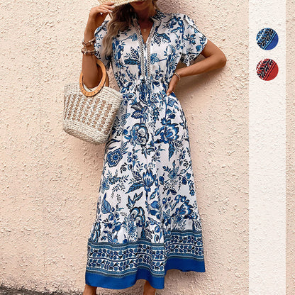 Floral Print A-Line Midi Dress with V-Neck and Drawstring