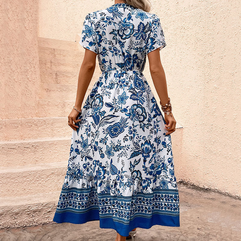 Floral Print A-Line Midi Dress with V-Neck and Drawstring