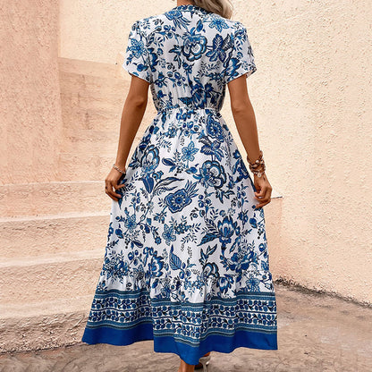 Floral Print A-Line Midi Dress with V-Neck and Drawstring