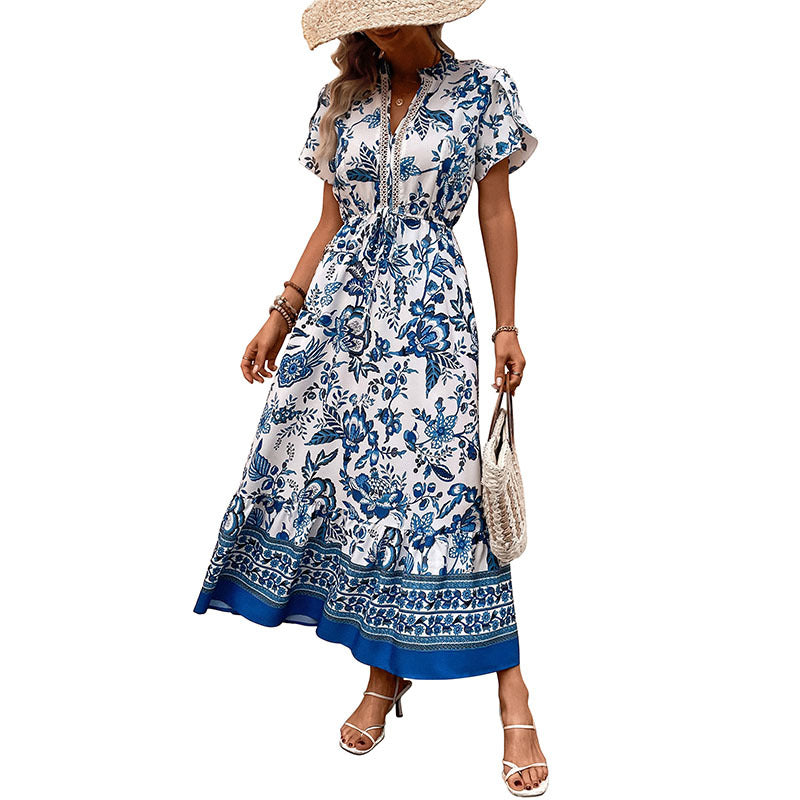 Floral Print A-Line Midi Dress with V-Neck and Drawstring