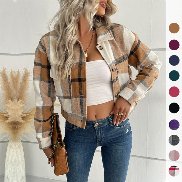Cropped Plaid Shacket with Lapel Collar and Button Front