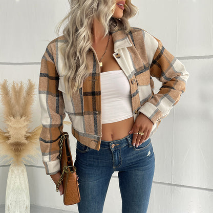 Cropped Plaid Shacket with Lapel Collar and Button Front