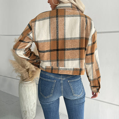 Cropped Plaid Shacket with Lapel Collar and Button Front