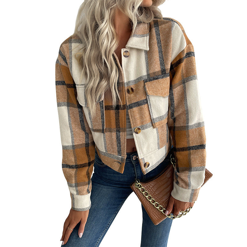 Cropped Plaid Shacket with Lapel Collar and Button Front