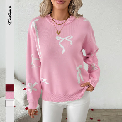 Loose-Fit Knit Sweater with Bow Tie Jacquard