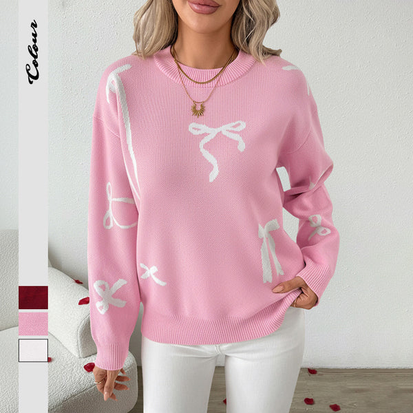 Loose-Fit Knit Sweater with Bow Tie Jacquard