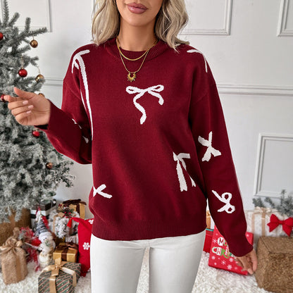 Loose-Fit Knit Sweater with Bow Tie Jacquard