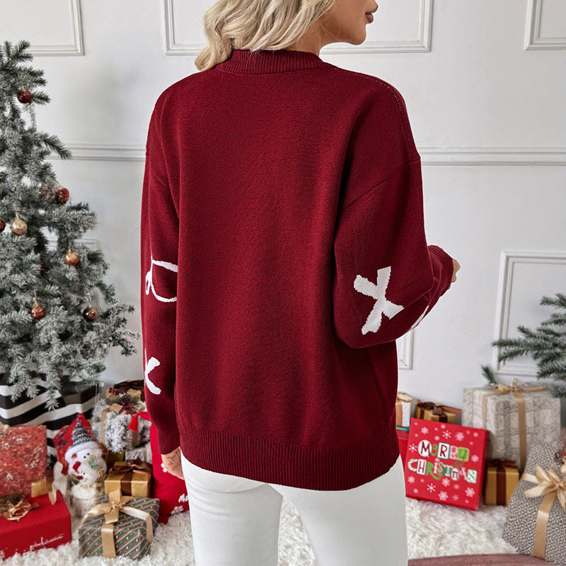 Loose-Fit Knit Sweater with Bow Tie Jacquard