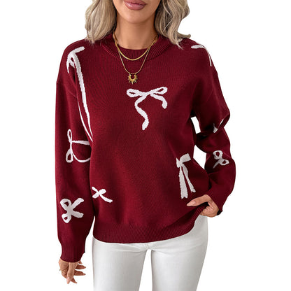 Loose-Fit Knit Sweater with Bow Tie Jacquard