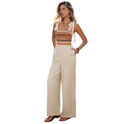 High-Waist Ethnic Jumpsuit with Wide Legs and Tie Straps
