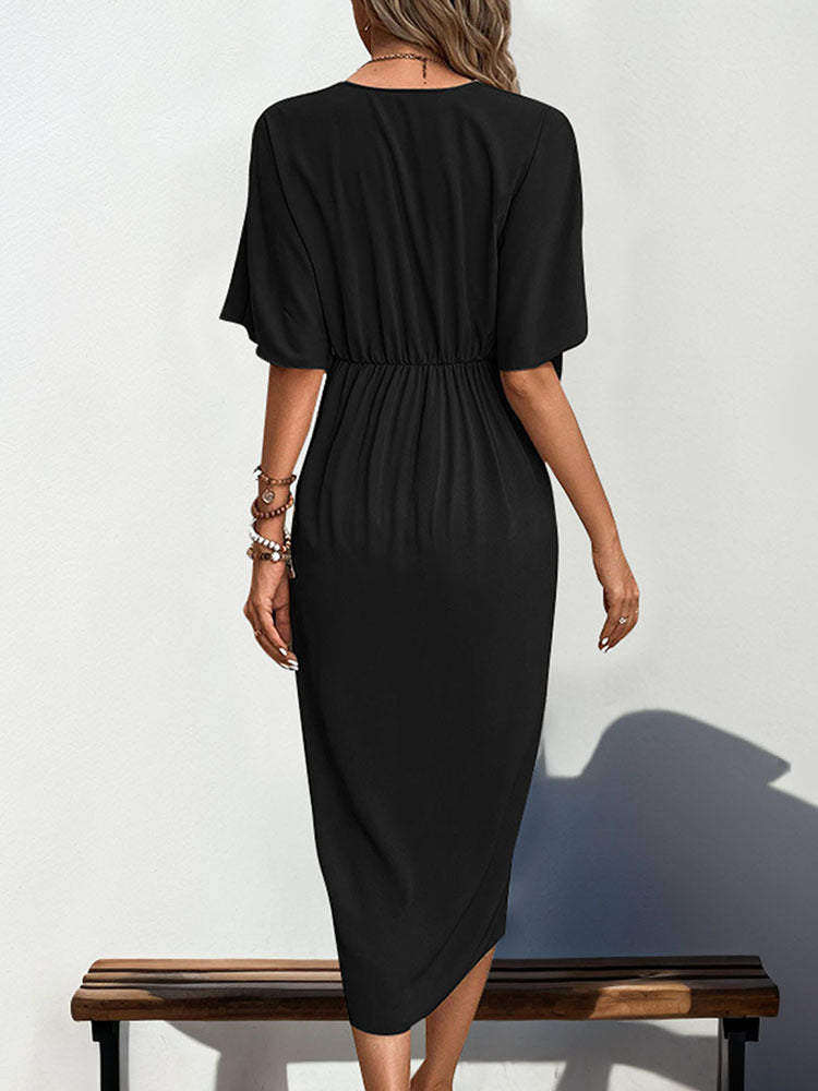 Solid Midi Dress with V-Neck, Dolman Sleeves & Twist Front