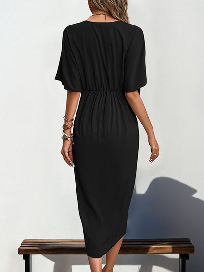Solid Midi Dress with V-Neck, Dolman Sleeves & Twist Front