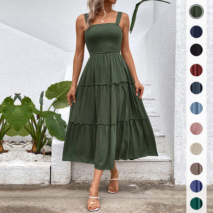 Solid A-Line Midi Dress with Smocked Bodice & Tiered Skirt