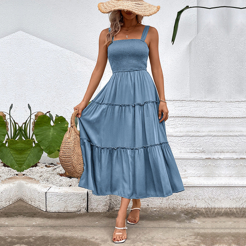 Solid A-Line Midi Dress with Smocked Bodice & Tiered Skirt