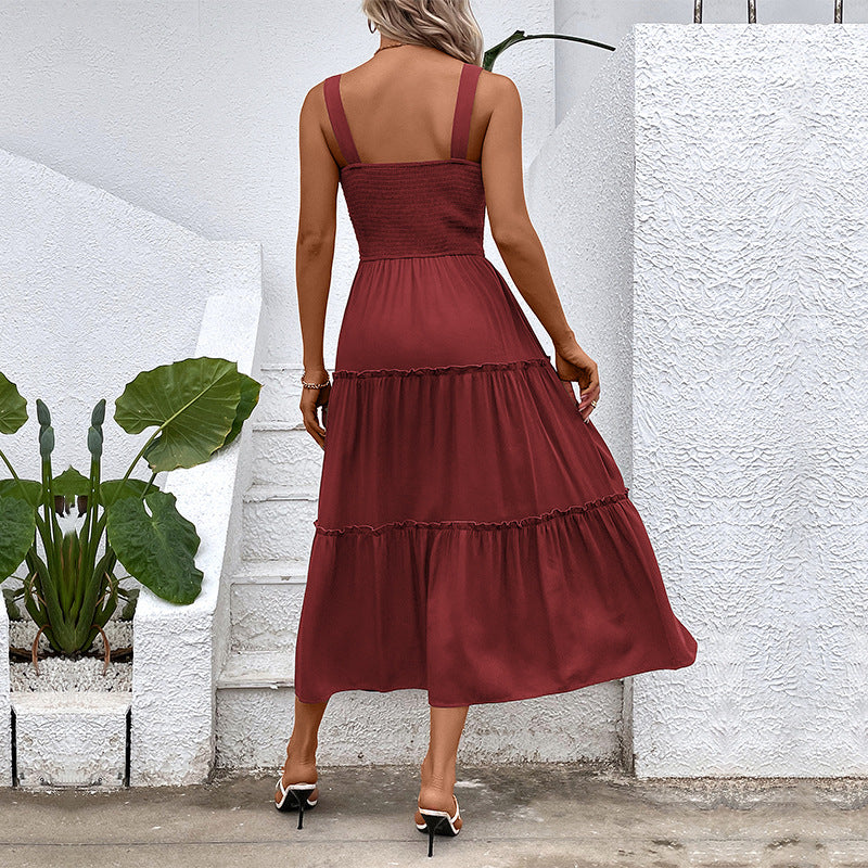 Solid A-Line Midi Dress with Smocked Bodice & Tiered Skirt