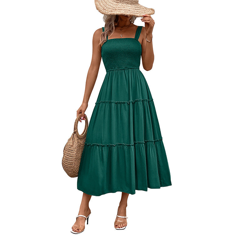 Solid A-Line Midi Dress with Smocked Bodice & Tiered Skirt