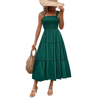 Solid A-Line Midi Dress with Smocked Bodice & Tiered Skirt