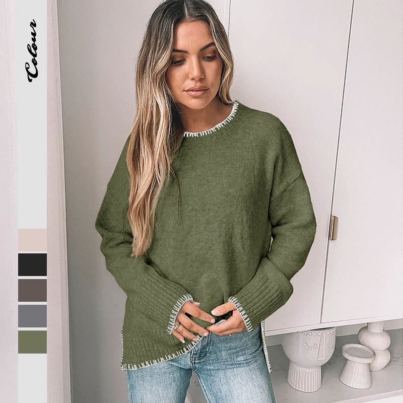 Solid Oversized Knit Sweater with Contrast Stitching