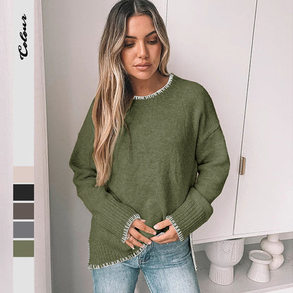 Solid Oversized Knit Sweater with Contrast Stitching