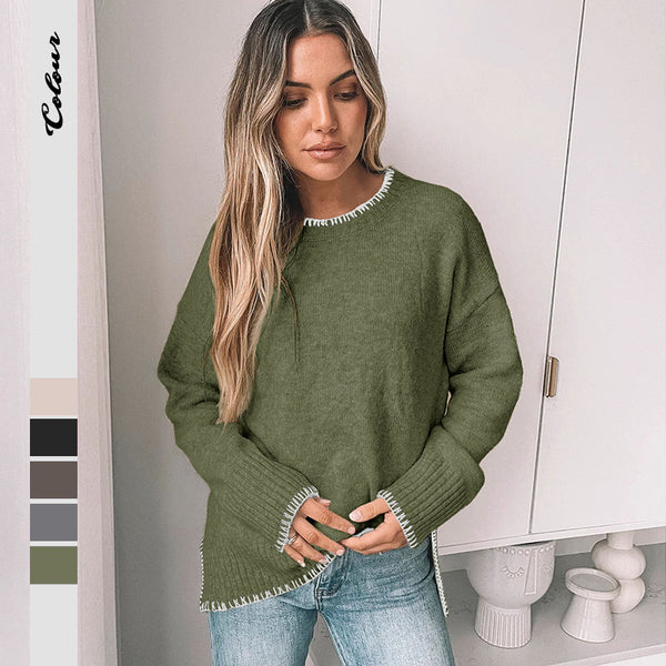 Solid Oversized Knit Sweater with Contrast Stitching