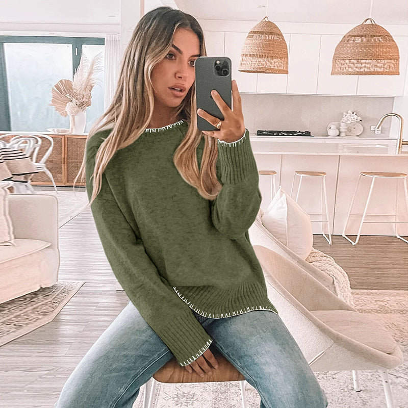 Solid Oversized Knit Sweater with Contrast Stitching
