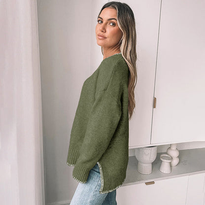 Solid Oversized Knit Sweater with Contrast Stitching