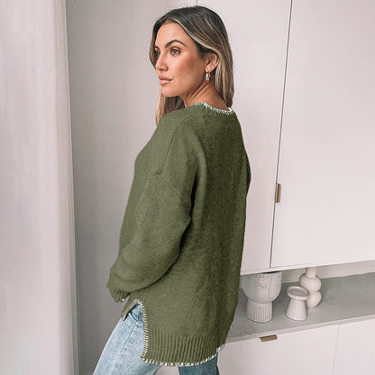 Solid Oversized Knit Sweater with Contrast Stitching