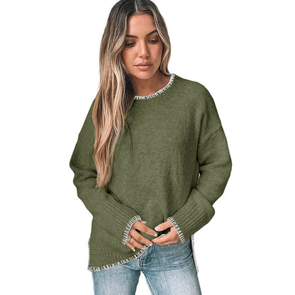 Solid Oversized Knit Sweater with Contrast Stitching
