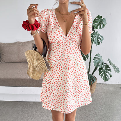 Floral A-Line Mini Dress with Deep V-Neck and Puff Sleeves