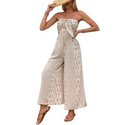 Geometric Print Wide-Leg Jumpsuit with Strapless Tie-Front