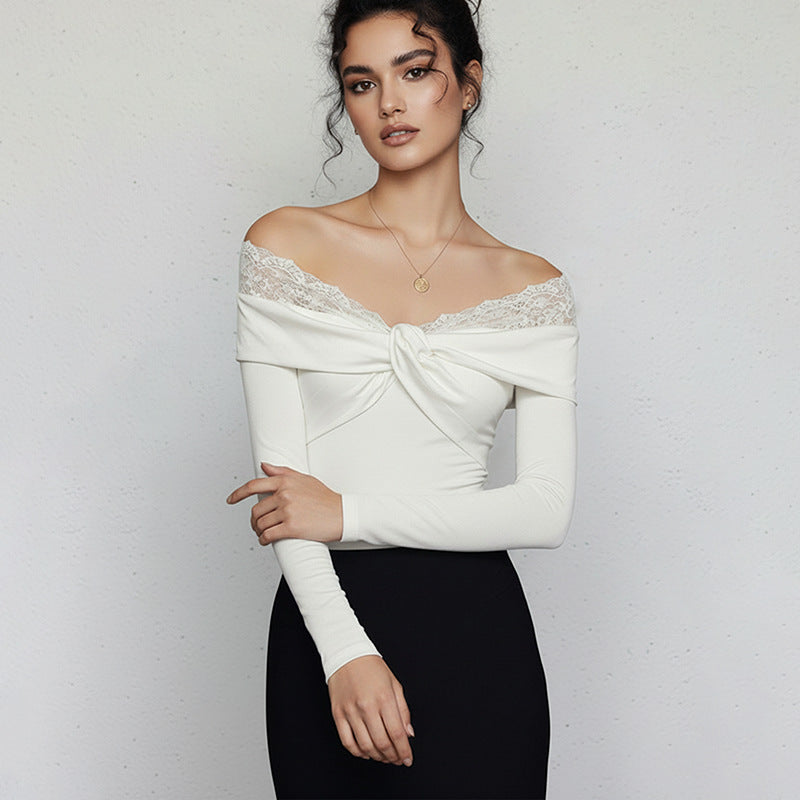 Off-Shoulder Bodysuit with Twist Front and Lace Trim