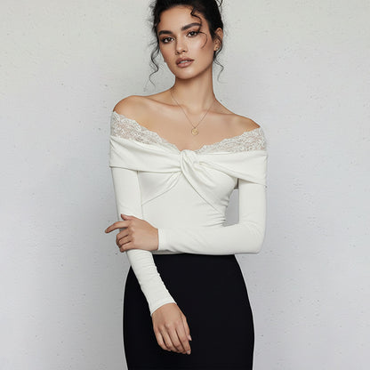 Off-Shoulder Bodysuit with Twist Front and Lace Trim