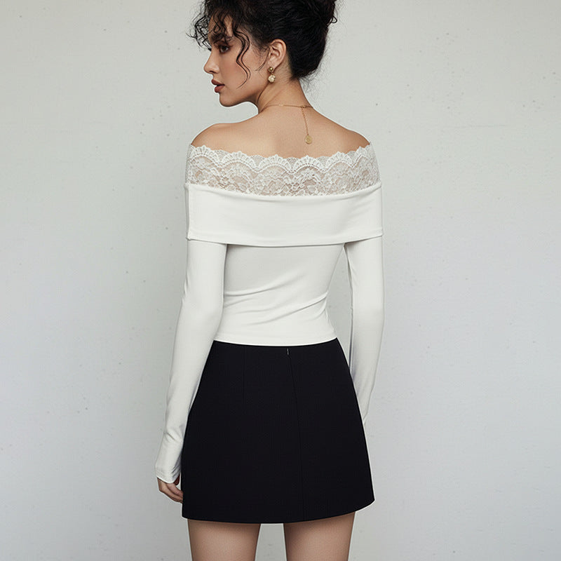 Off-Shoulder Bodysuit with Twist Front and Lace Trim