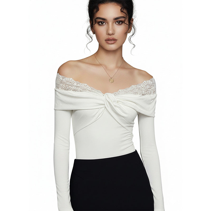 Off-Shoulder Bodysuit with Twist Front and Lace Trim