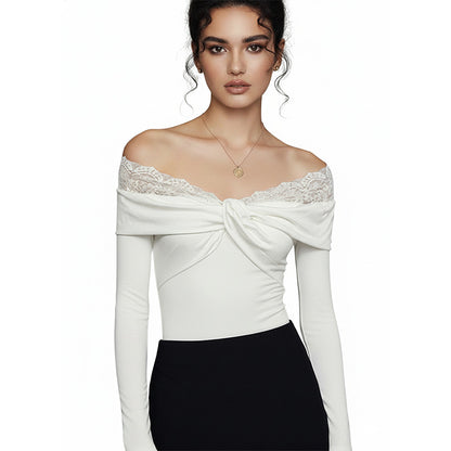Off-Shoulder Bodysuit with Twist Front and Lace Trim