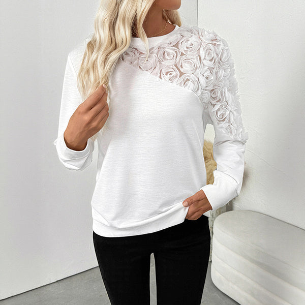 Solid Long-Sleeve Sweatshirt with 3D Rose Appliques