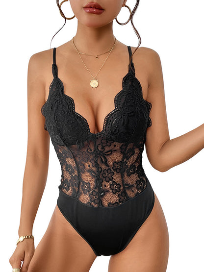 Lace Bodysuit with Deep V-Neck and Scalloped Trim